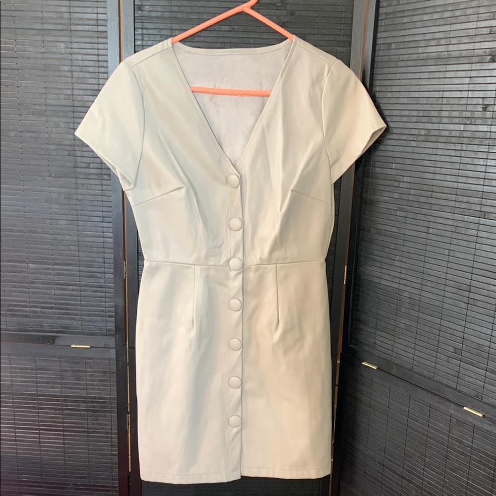 Glamorous Cream Faux Leather Sheath Mini Dress with Dolman Sleeves